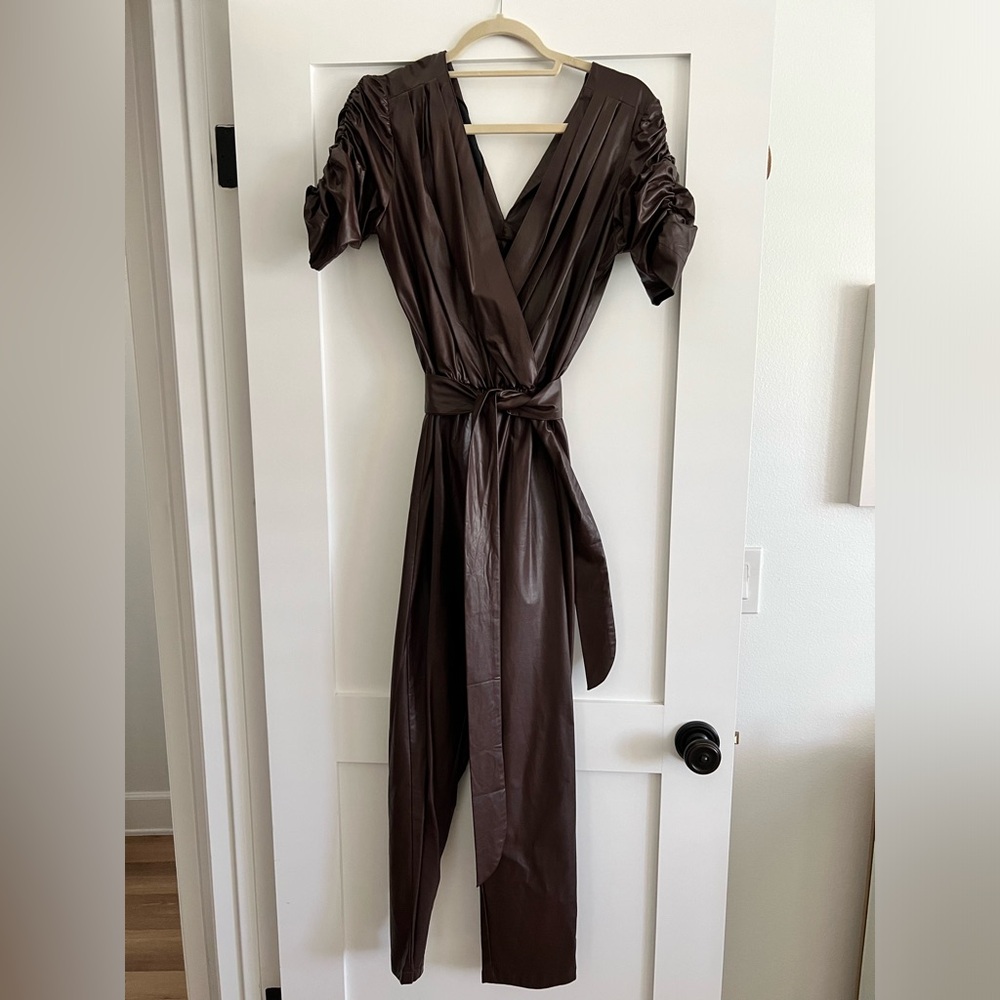 Aqua Brown Pleather Belted Jumpsuit